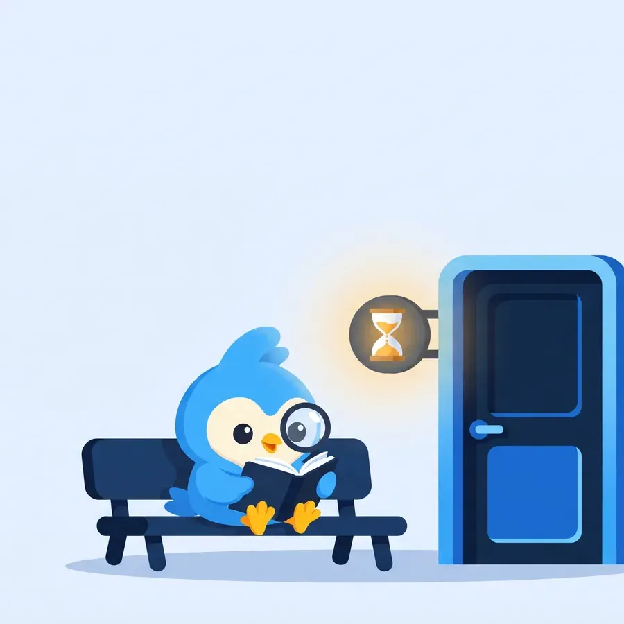 Pip, the blue bird mascot, sitting on a bench reading, next to a door with a softly glowing hourglass sign