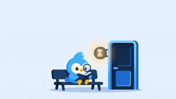 Pip, the blue bird mascot, sitting on a bench reading, next to a door with a softly glowing hourglass sign