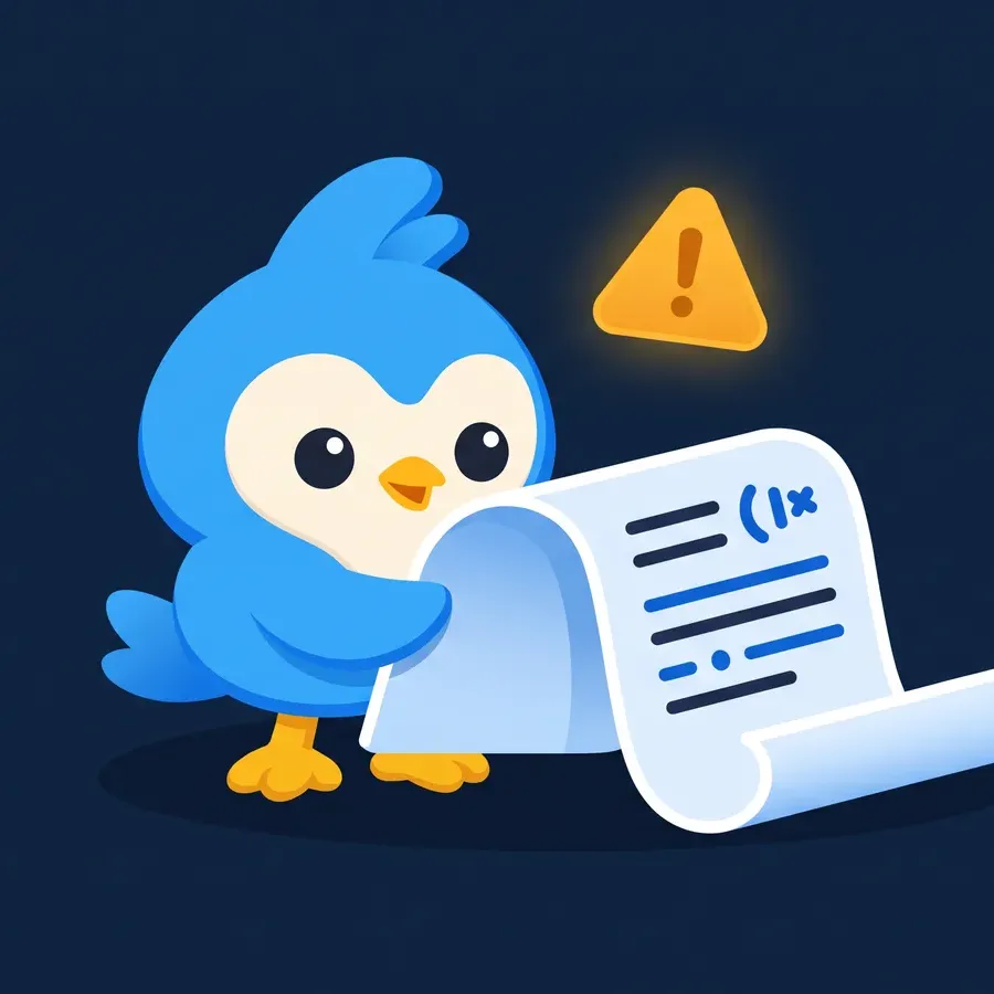 Pip, the blue bird mascot, reading a big rulebook scroll, a red-free gentle warning triangle in amber floating