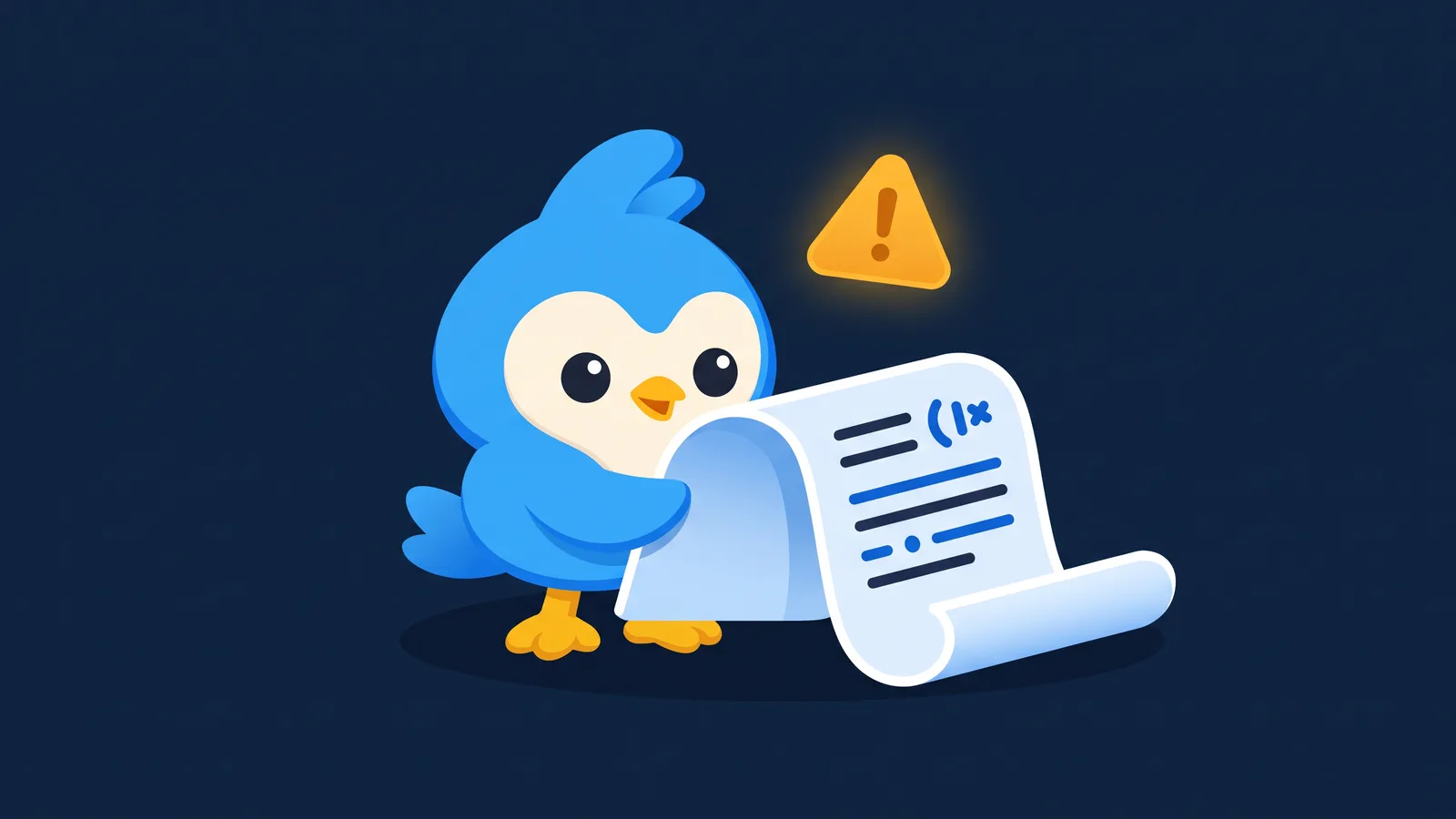 Pip, the blue bird mascot, reading a big rulebook scroll, a red-free gentle warning triangle in amber floating