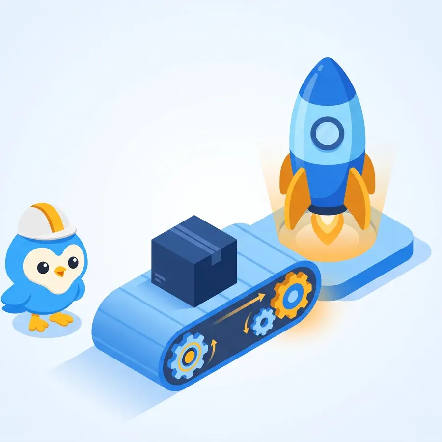 Pip in a hard hat watches a conveyor belt carry a sealed box toward a launching rocket, on a pale blue background