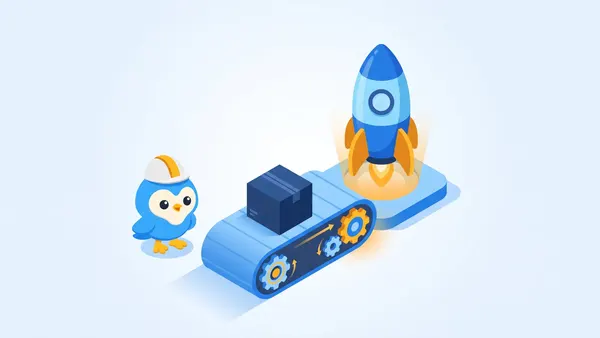 Pip in a hard hat watches a conveyor belt carry a sealed box toward a launching rocket, on a pale blue background