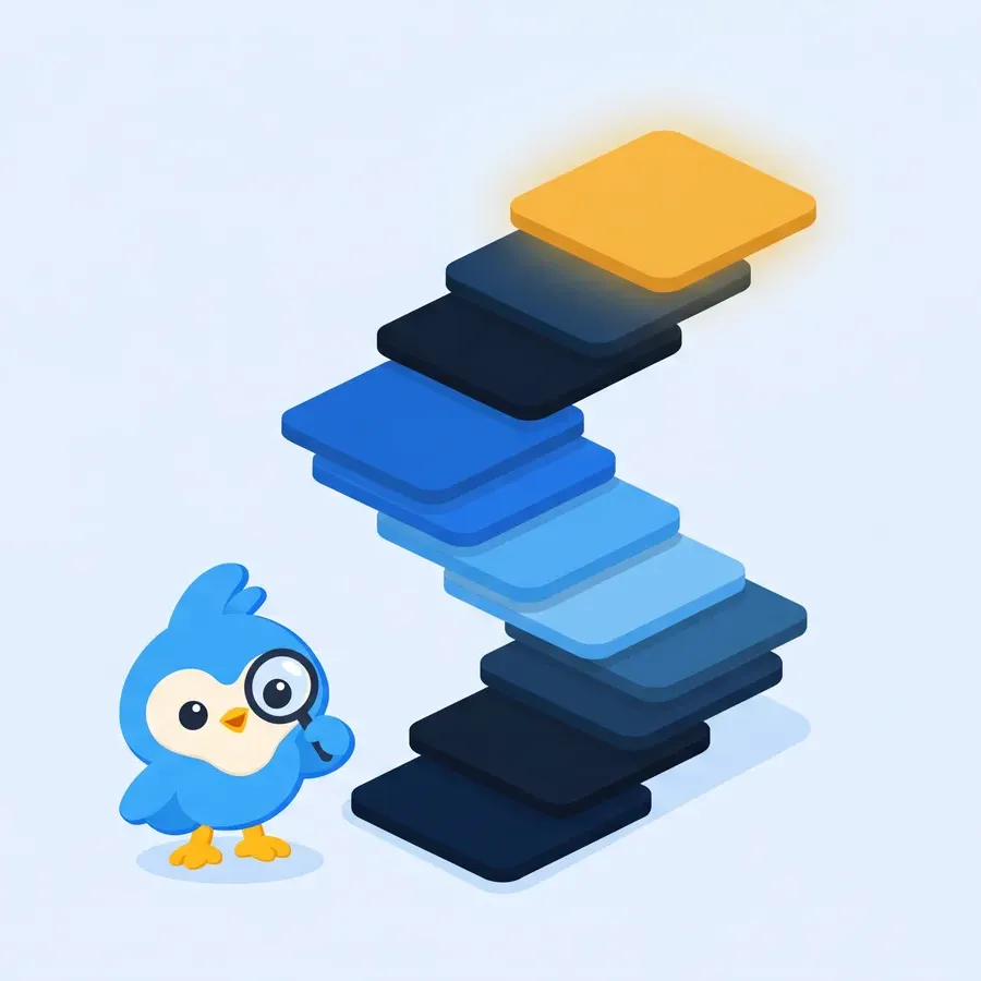 Pip, the blue bird mascot, looking up at a tall stack of cards forming a staircase, the top card glowing