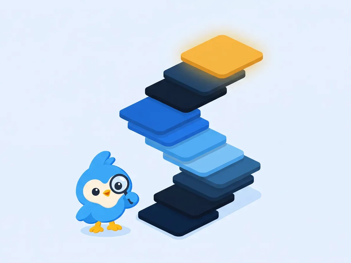 Pip, the blue bird mascot, looking up at a tall stack of cards forming a staircase, the top card glowing