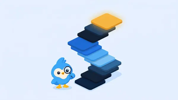 Pip, the blue bird mascot, looking up at a tall stack of cards forming a staircase, the top card glowing