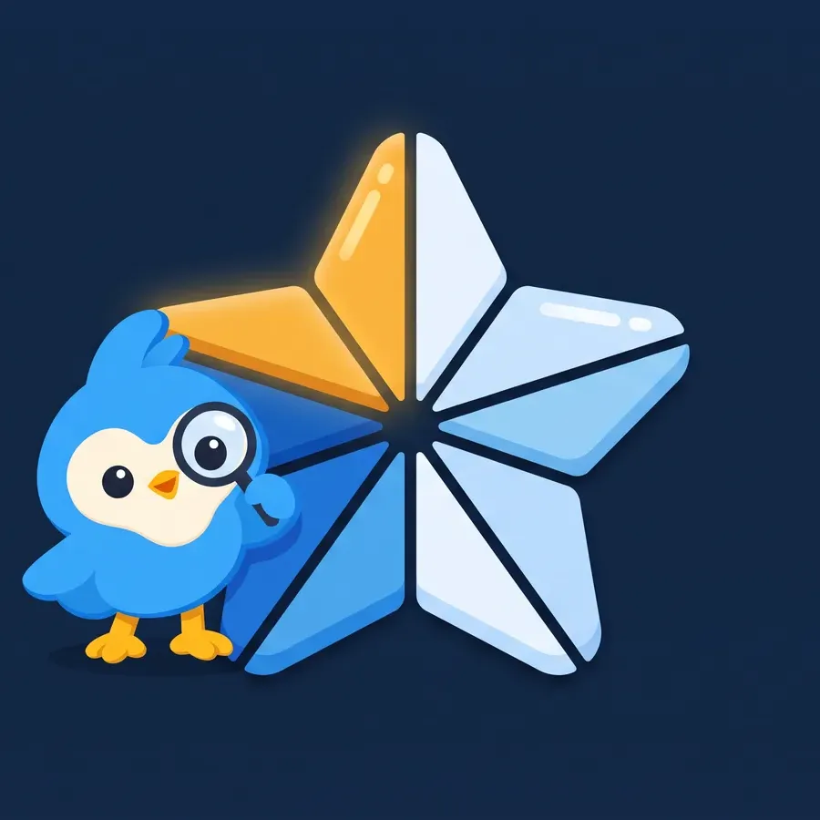 Pip, the blue bird mascot, holding a tiny magnifier over a single star cut into tenths, one slice amber