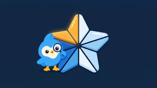 Pip, the blue bird mascot, holding a tiny magnifier over a single star cut into tenths, one slice amber
