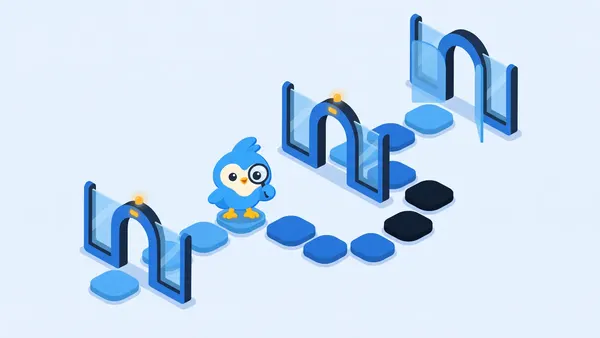 Pip, the blue bird mascot, following a path of stepping stones through checkpoints with gates