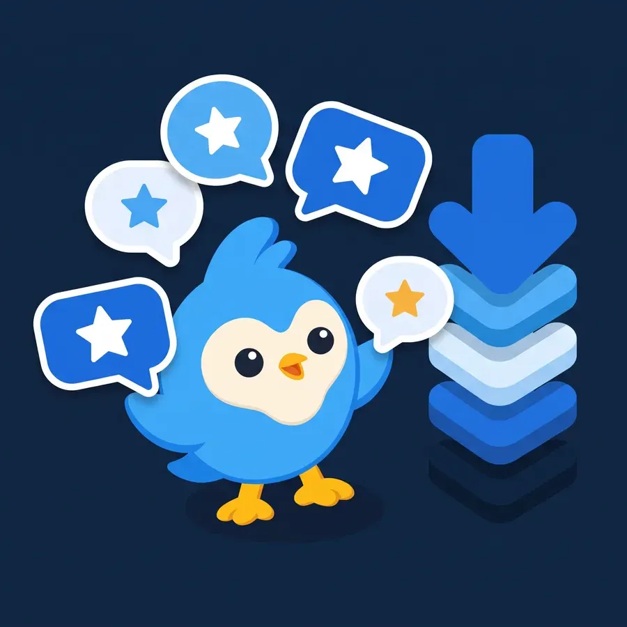 Pip, the blue bird mascot, juggling speech bubbles with stars on them alongside a rising stack of download arrows