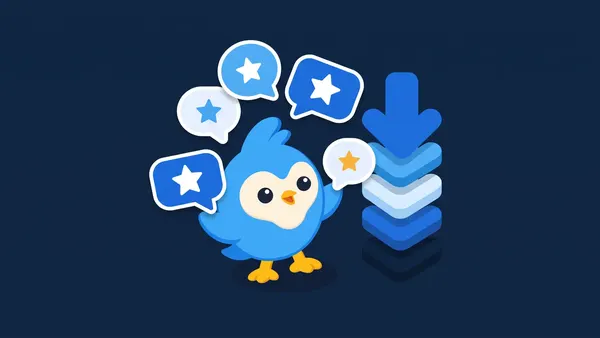 Pip, the blue bird mascot, juggling speech bubbles with stars on them alongside a rising stack of download arrows