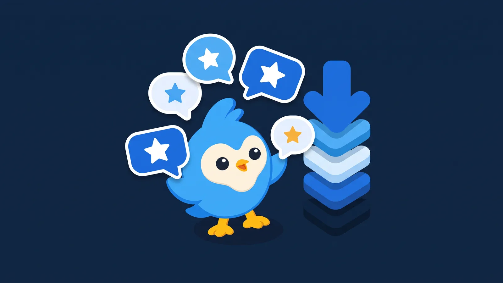 Pip, the blue bird mascot, juggling speech bubbles with stars on them alongside a rising stack of download arrows