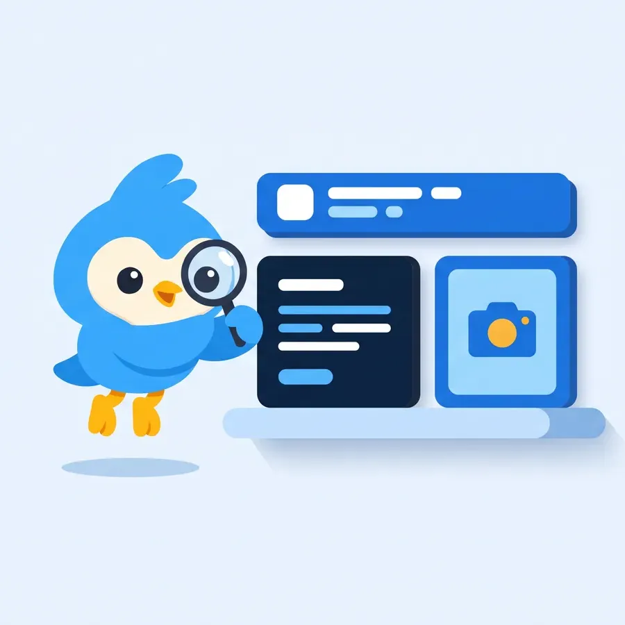 Pip, the blue bird mascot, arranging three tiles (a title bar, a text block, a picture frame) on a storefront shelf