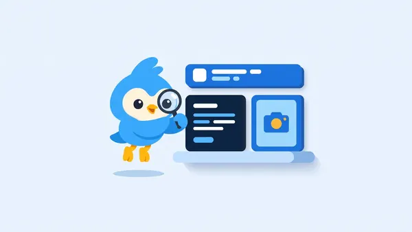 Pip, the blue bird mascot, arranging three tiles (a title bar, a text block, a picture frame) on a storefront shelf