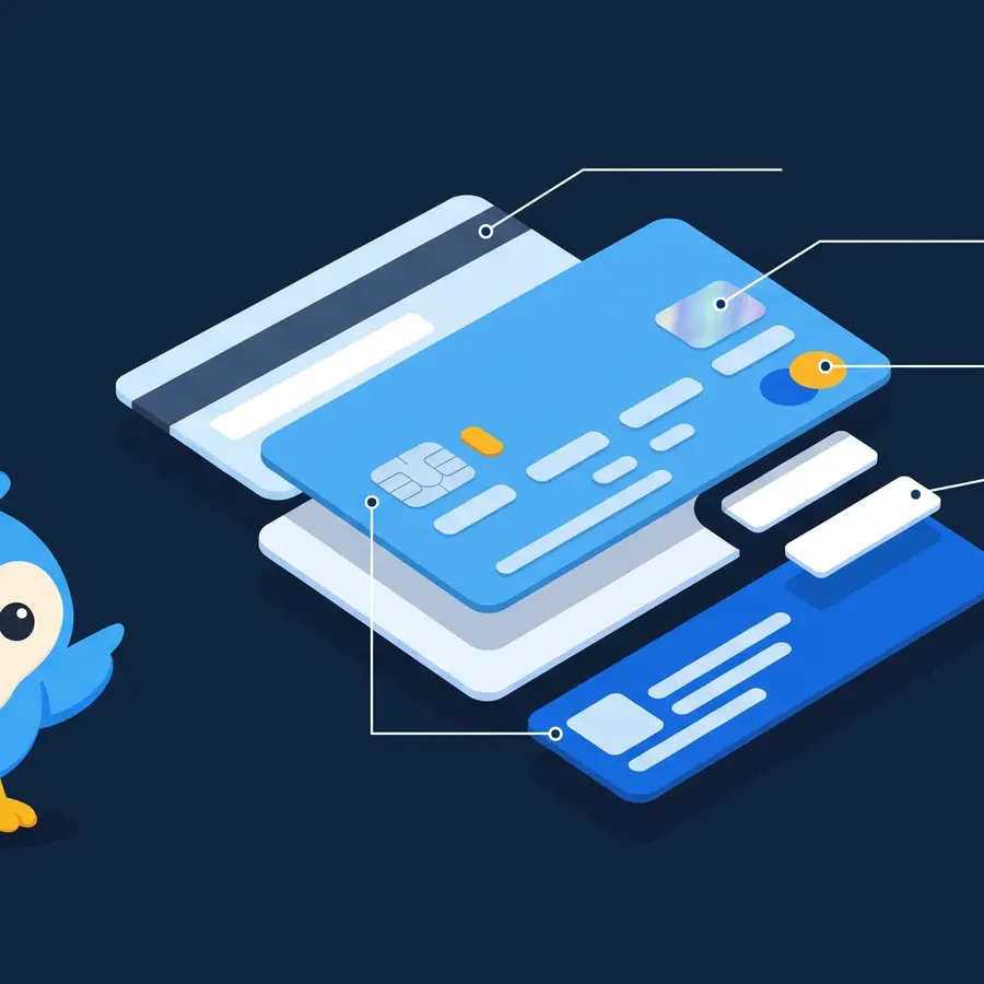 Pip, the blue bird mascot, pointing at an exploded diagram of a card with labelled-shape parts, no text