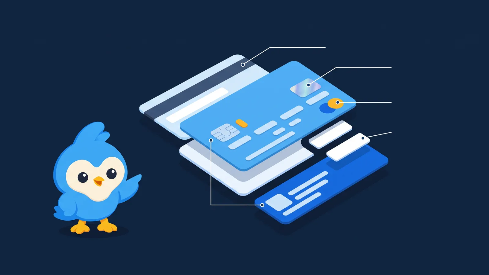 Pip, the blue bird mascot, pointing at an exploded diagram of a card with labelled-shape parts, no text