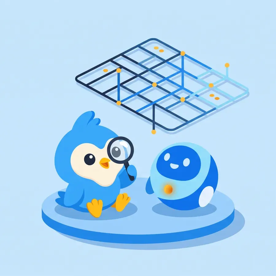 Pip, the blue bird mascot, sitting next to a friendly abstract assistant orb, both looking at a floating data grid