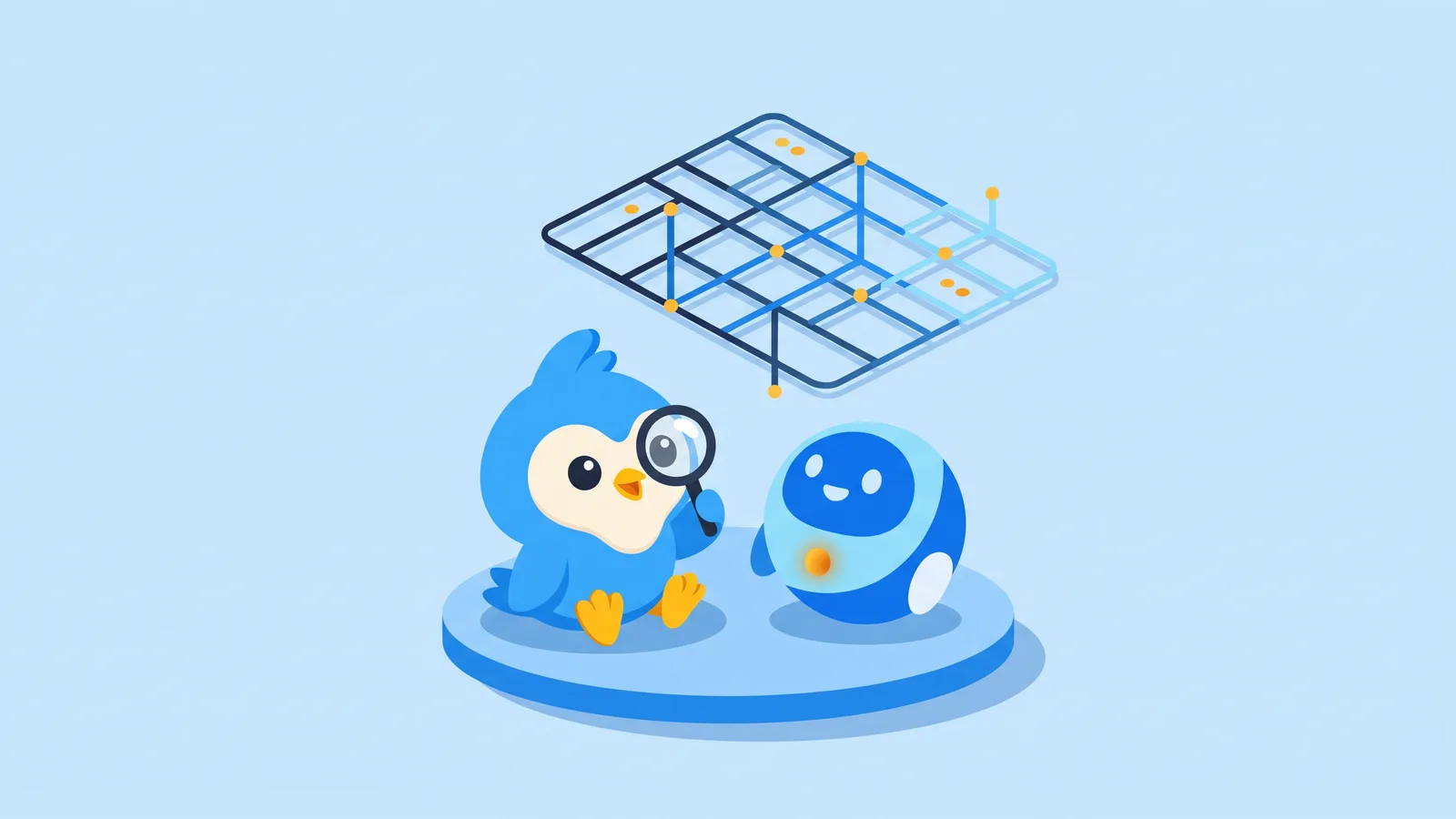 Pip, the blue bird mascot, sitting next to a friendly abstract assistant orb, both looking at a floating data grid