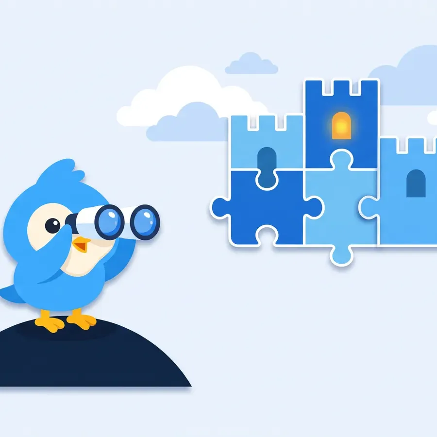 Pip, the blue bird mascot, with binoculars on a hill looking at three distant puzzle-piece castles