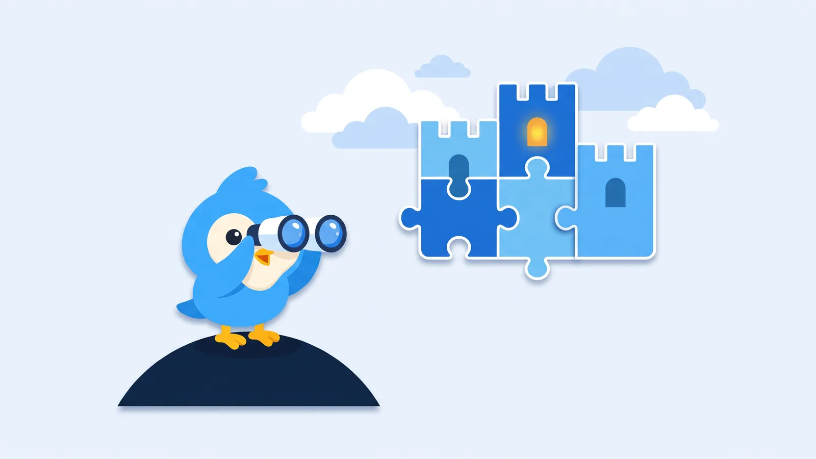 Pip, the blue bird mascot, with binoculars on a hill looking at three distant puzzle-piece castles