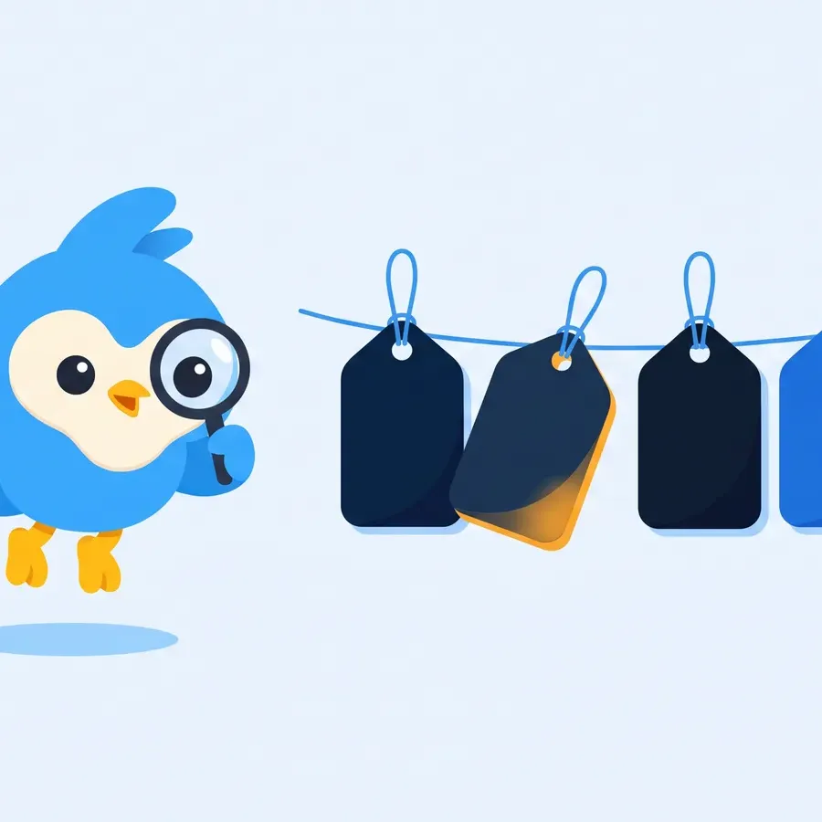 Pip, the blue bird mascot, watching a row of price tags on strings, one tag swinging with an amber highlight