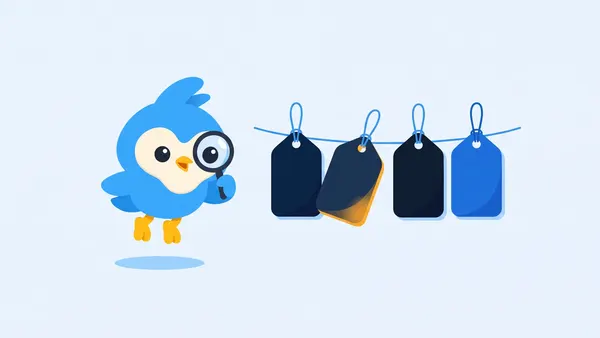 Pip, the blue bird mascot, watching a row of price tags on strings, one tag swinging with an amber highlight