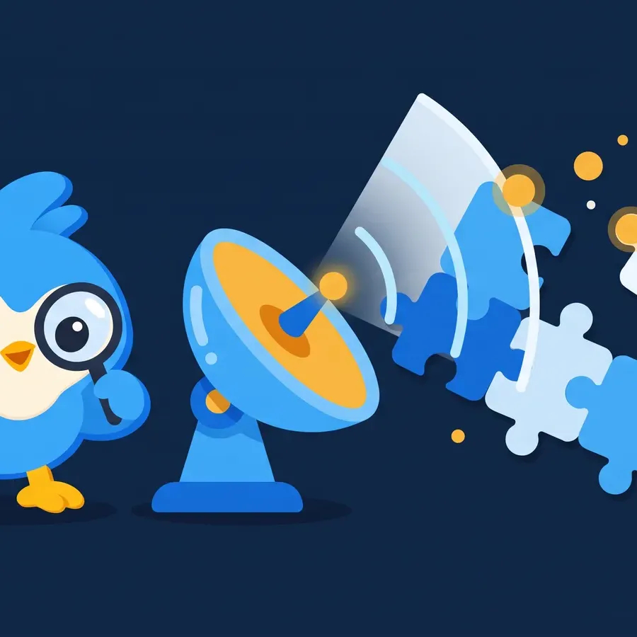 Pip, the blue bird mascot, with a little radar dish scanning, blips over puzzle-piece shapes