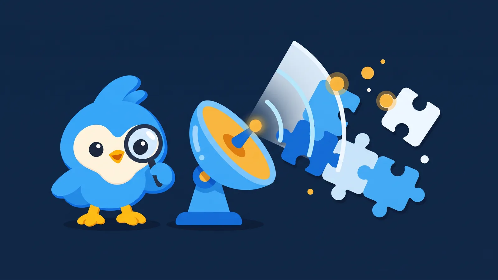 Pip, the blue bird mascot, with a little radar dish scanning, blips over puzzle-piece shapes