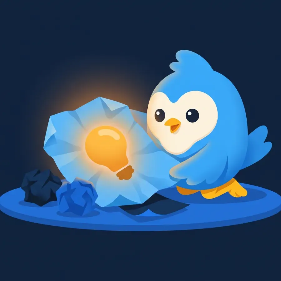 Pip, the blue bird mascot, kneeling by a few crumpled paper notes and unfolding one that reveals a glowing amber lightbulb