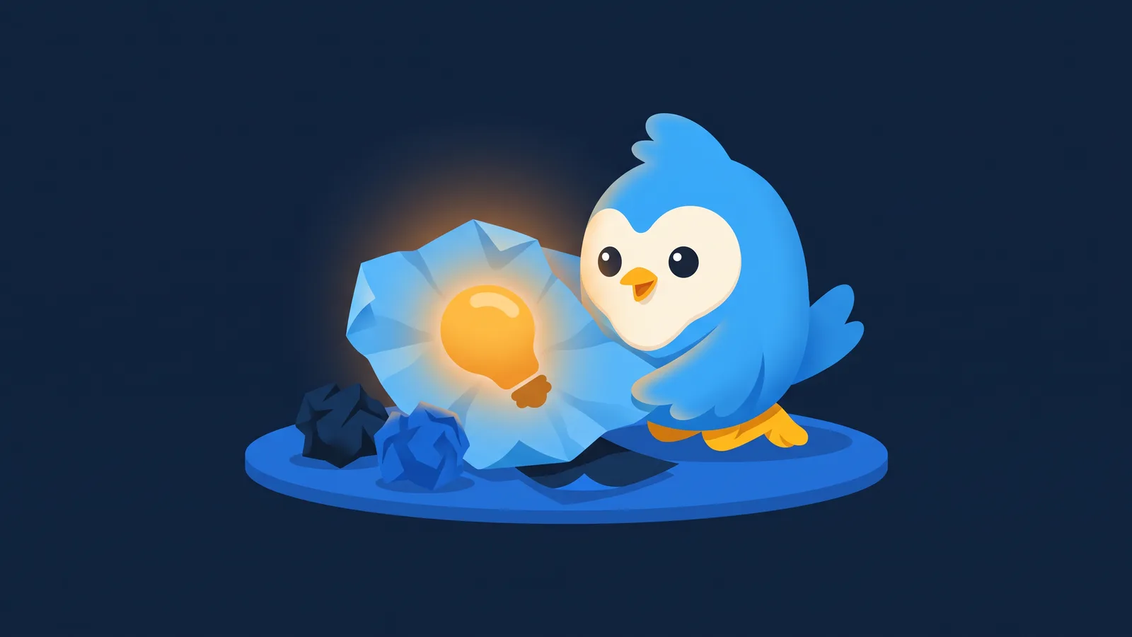 Pip, the blue bird mascot, kneeling by a few crumpled paper notes and unfolding one that reveals a glowing amber lightbulb