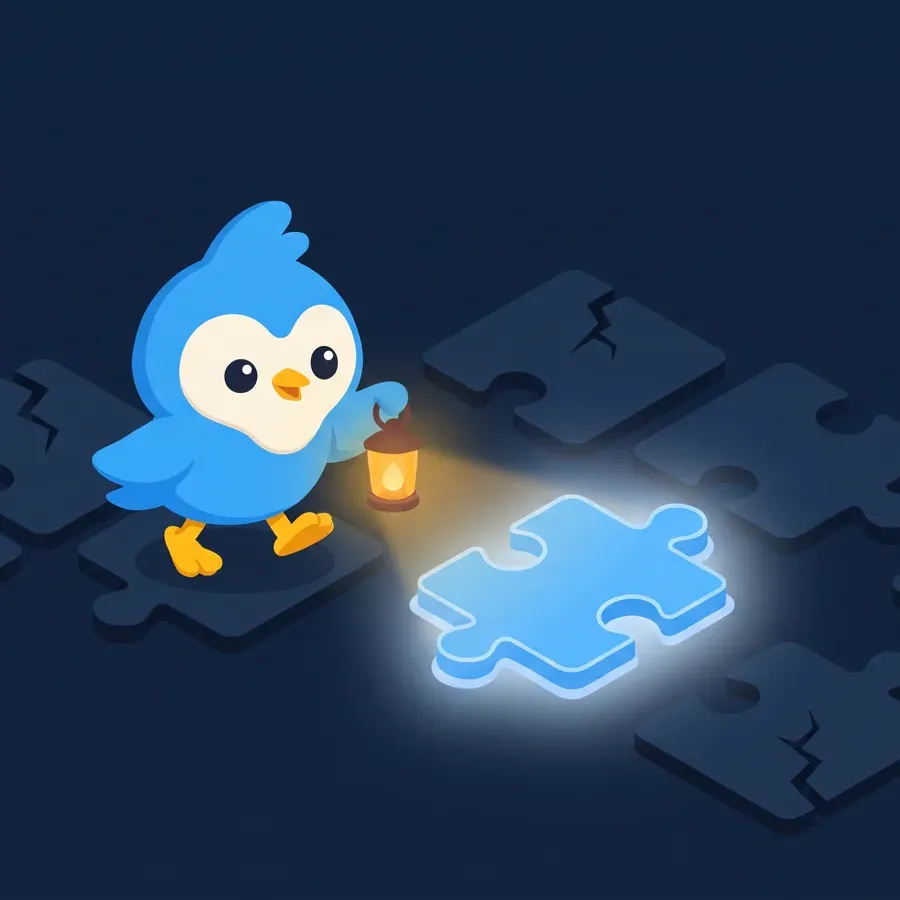 Pip carries a lantern past dim cracked puzzle tiles, lighting up the one good tile