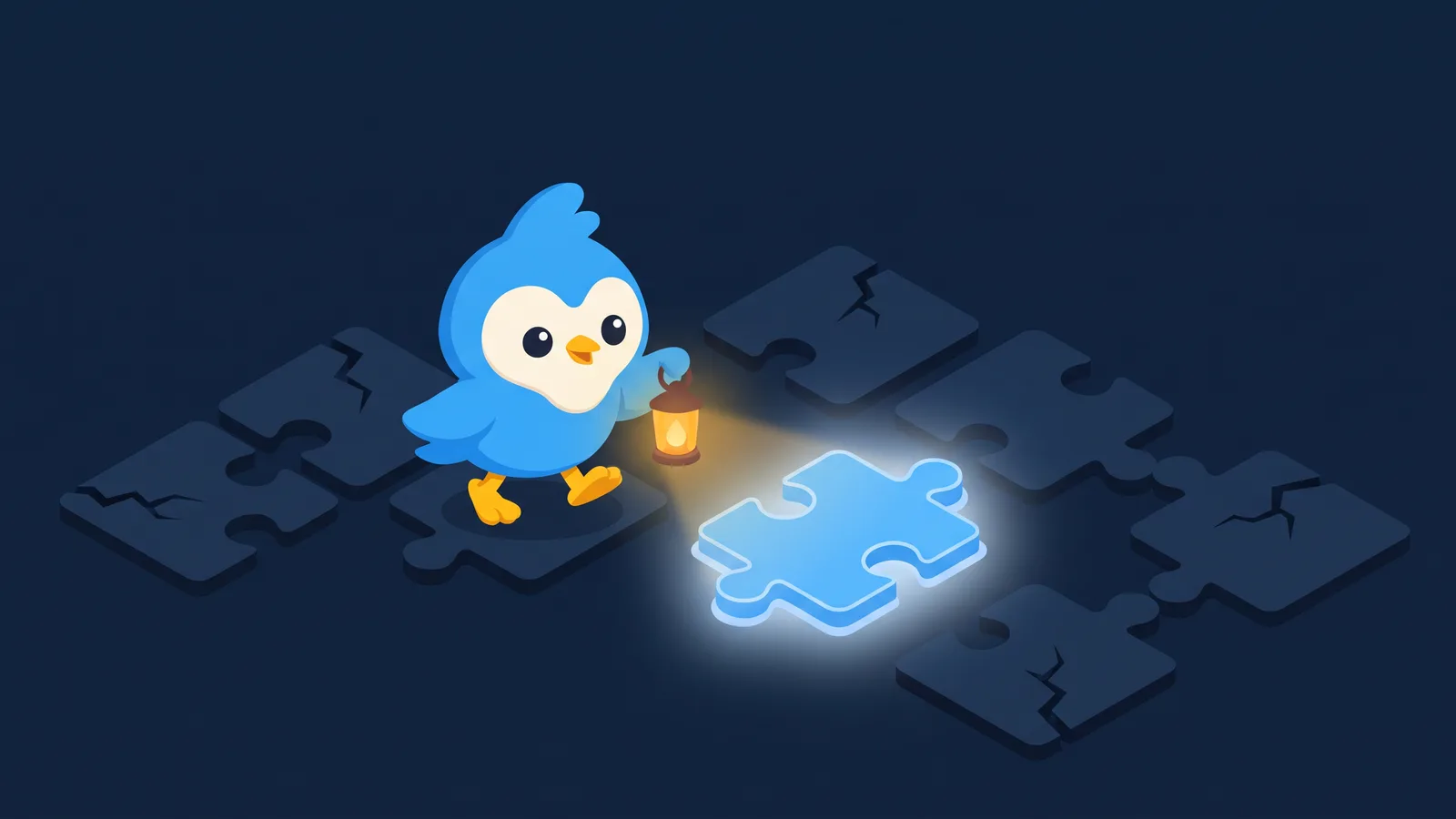 Pip carries a lantern past dim cracked puzzle tiles, lighting up the one good tile