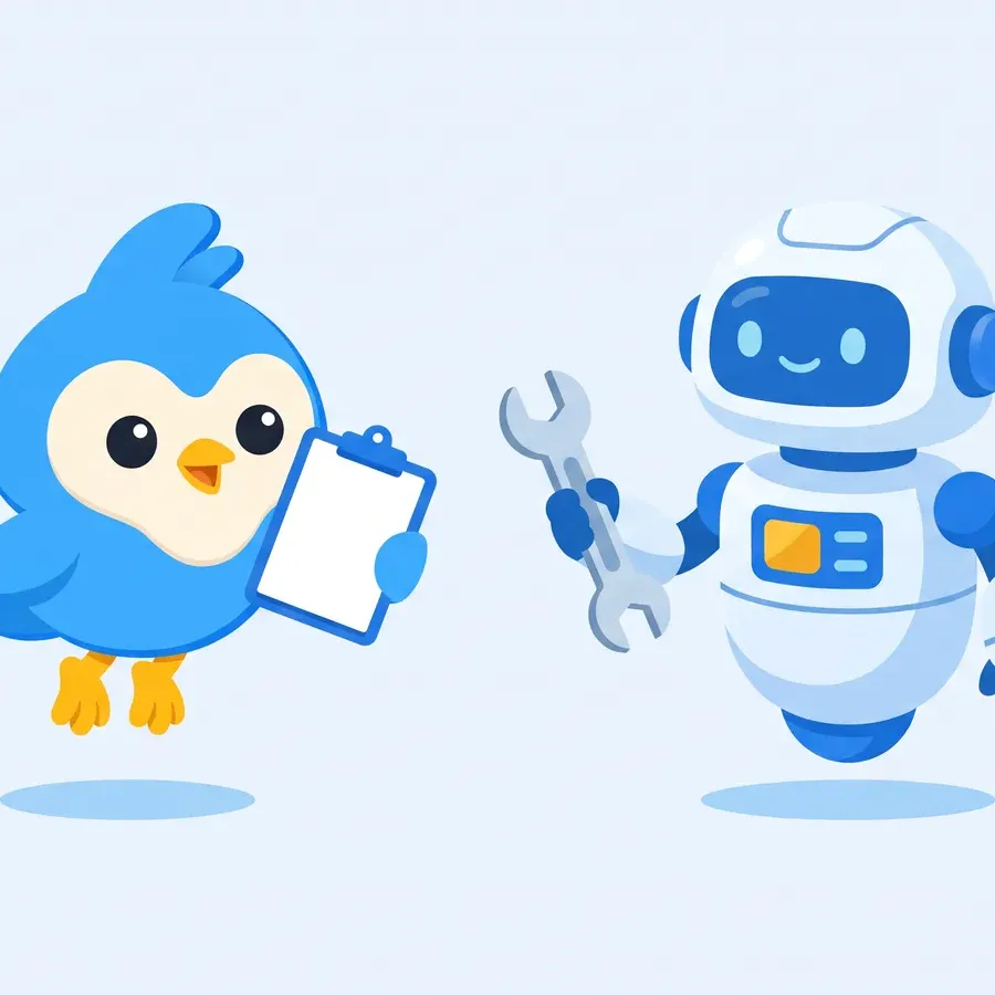 Pip, the blue bird mascot, holding a blank clipboard while inspecting a friendly white robot builder holding a wrench