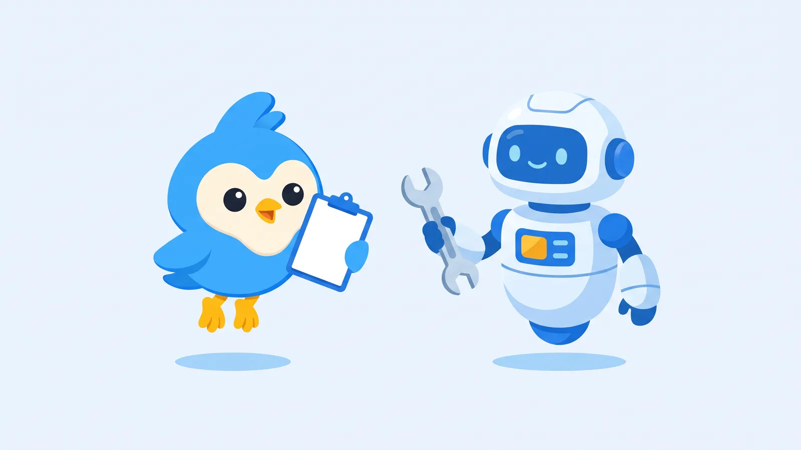 Pip, the blue bird mascot, holding a blank clipboard while inspecting a friendly white robot builder holding a wrench