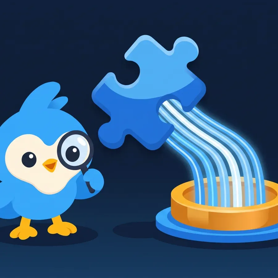 Pip watches seven streams of blue light flow from a puzzle piece into one coin basin