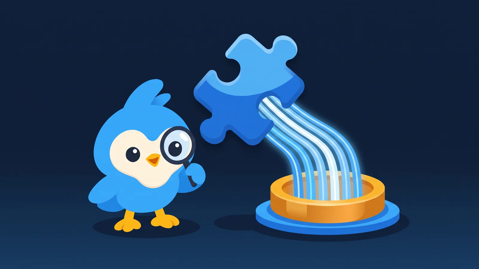 Pip watches seven streams of blue light flow from a puzzle piece into one coin basin