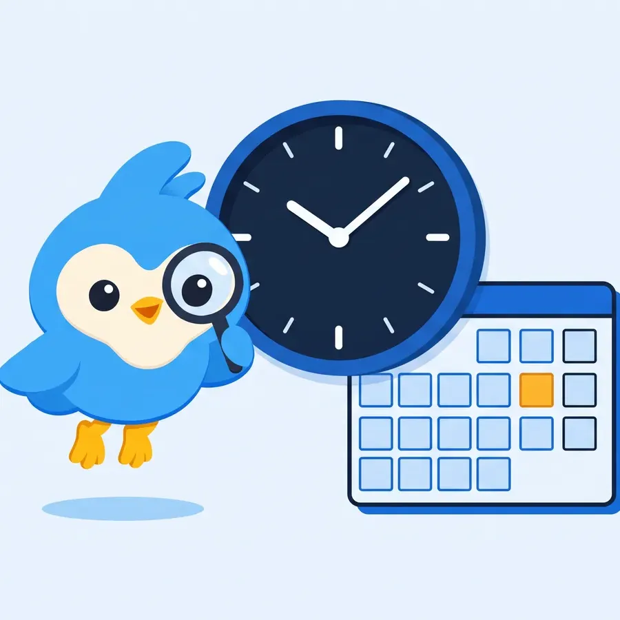 Pip, the blue bird mascot, beside a big wall clock and a calendar of blank squares, one square amber
