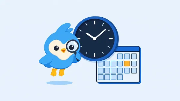 Pip, the blue bird mascot, beside a big wall clock and a calendar of blank squares, one square amber