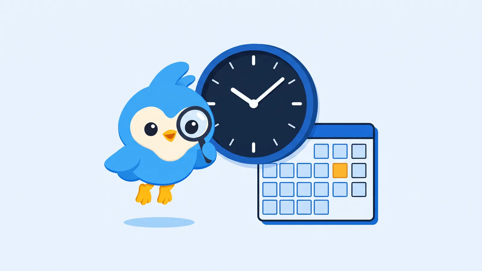 Pip, the blue bird mascot, beside a big wall clock and a calendar of blank squares, one square amber