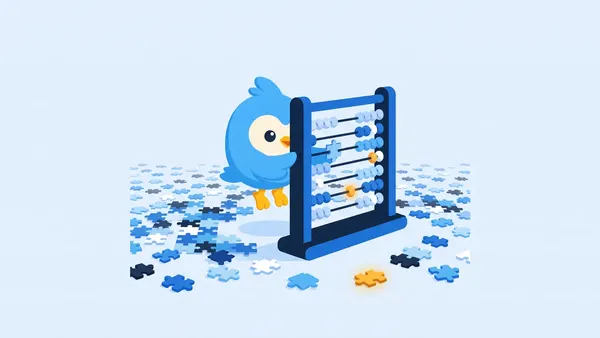 Pip, the blue bird mascot, counting a huge field of small puzzle pieces with an abacus