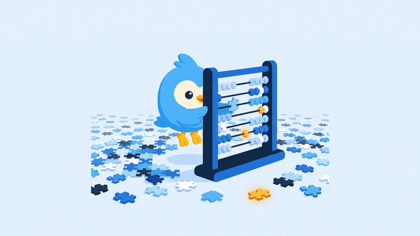Pip, the blue bird mascot, counting a huge field of small puzzle pieces with an abacus