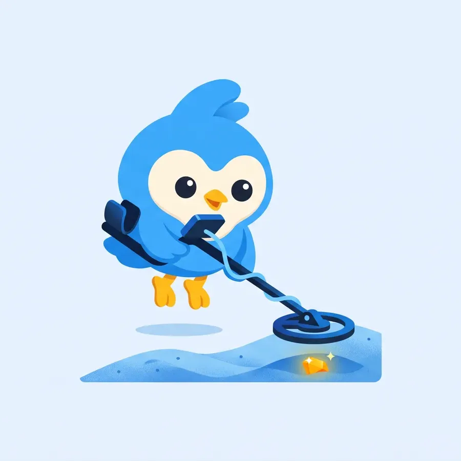 Pip, the blue bird mascot, using a metal detector across sand, a small amber treasure glint below