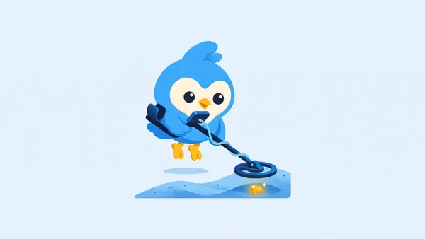 Pip, the blue bird mascot, using a metal detector across sand, a small amber treasure glint below