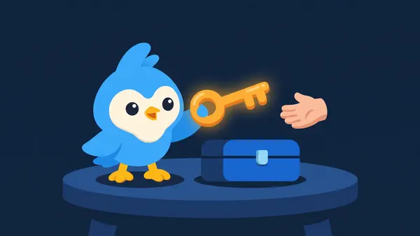 Pip, the blue bird mascot, handing over a large key to another small hand across a table, a box between