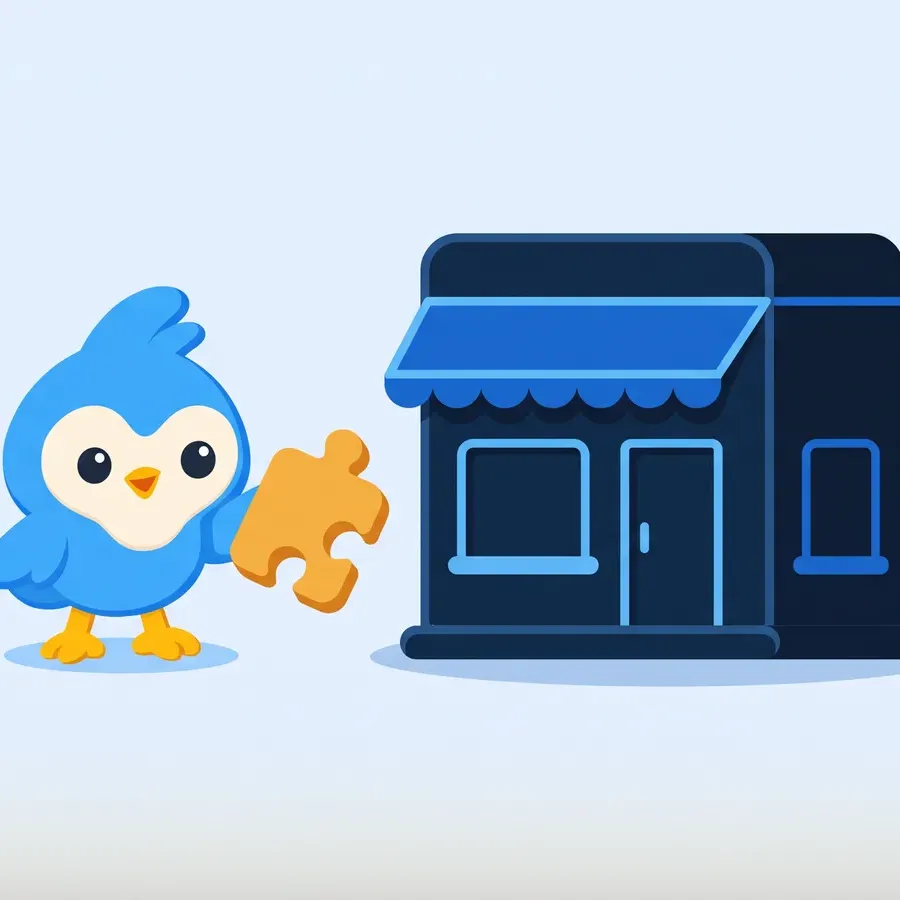 Pip, the blue bird mascot, holding a single puzzle piece and gazing at a full shop building silhouette