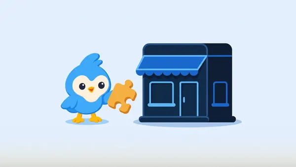 Pip, the blue bird mascot, holding a single puzzle piece and gazing at a full shop building silhouette