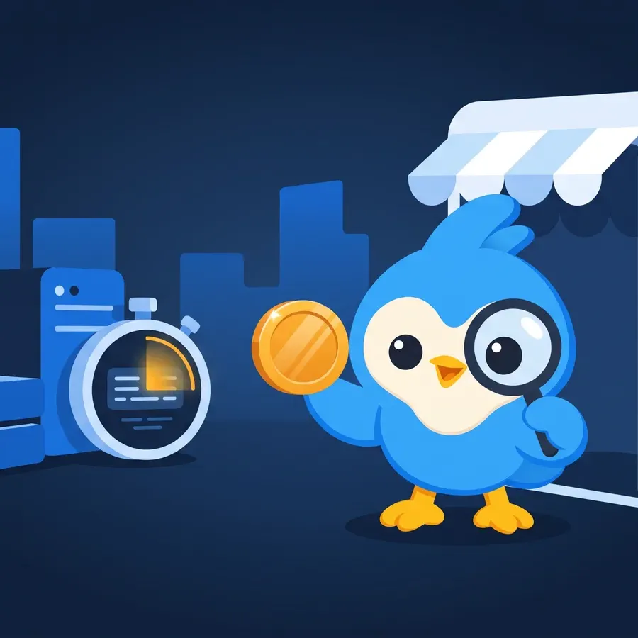 Pip holds up a single coin at an open storefront, with servers and a stopwatch behind