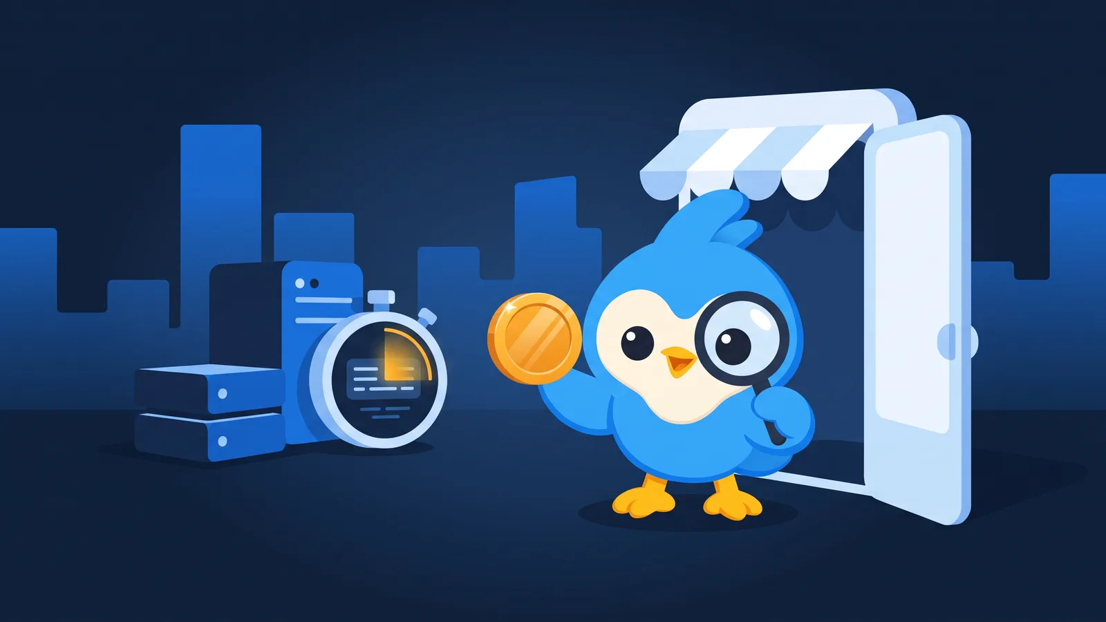 Pip holds up a single coin at an open storefront, with servers and a stopwatch behind
