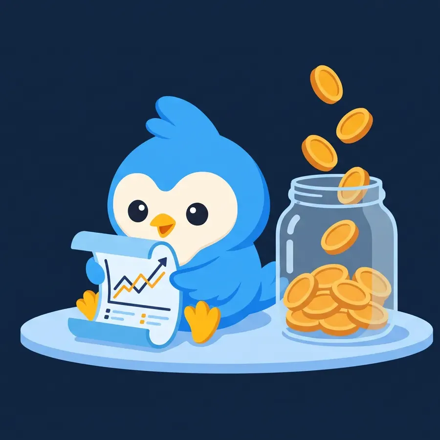 Pip, the blue bird mascot, reading a chart scroll beside a jar slowly filling with coins