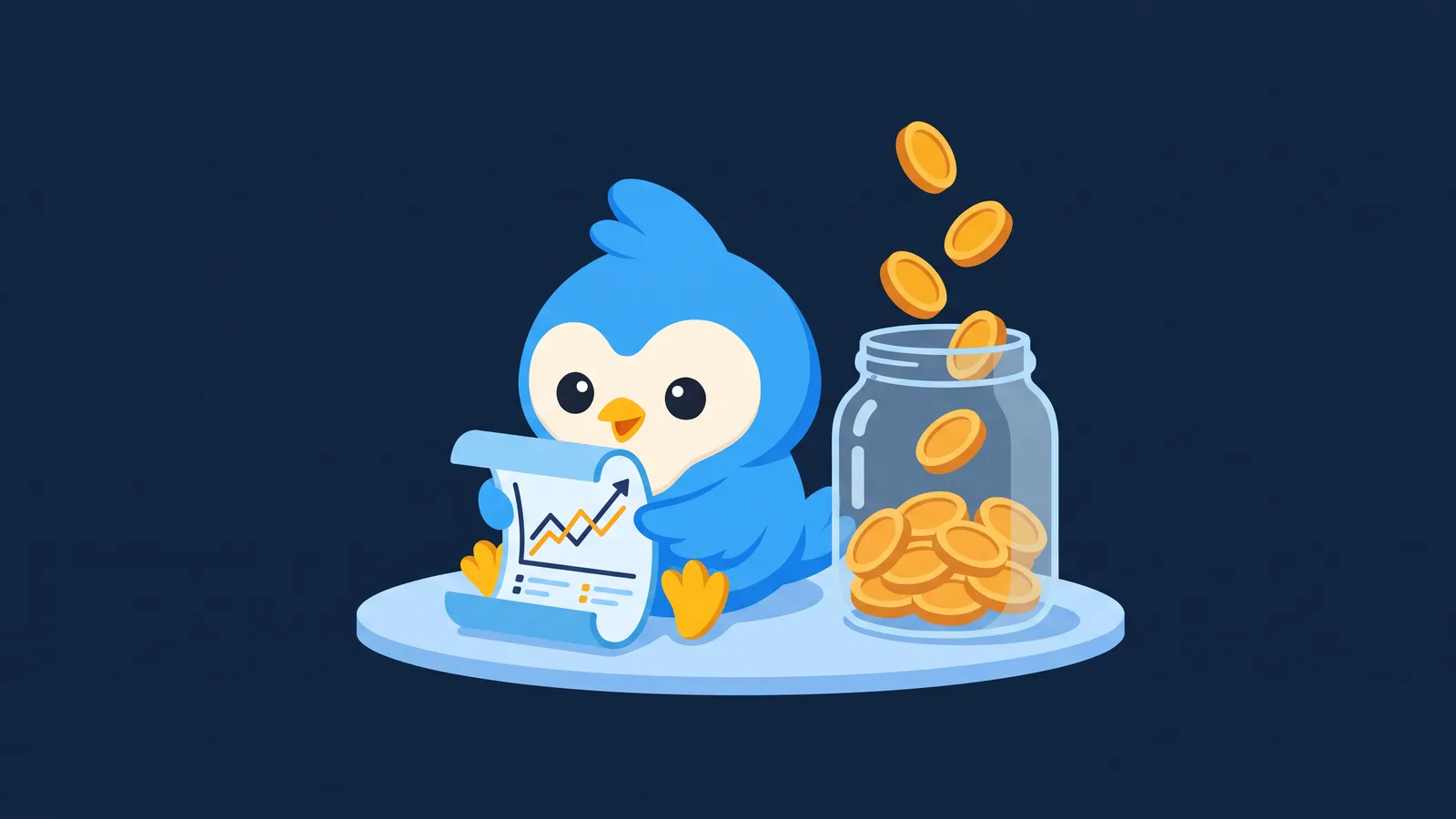 Pip, the blue bird mascot, reading a chart scroll beside a jar slowly filling with coins