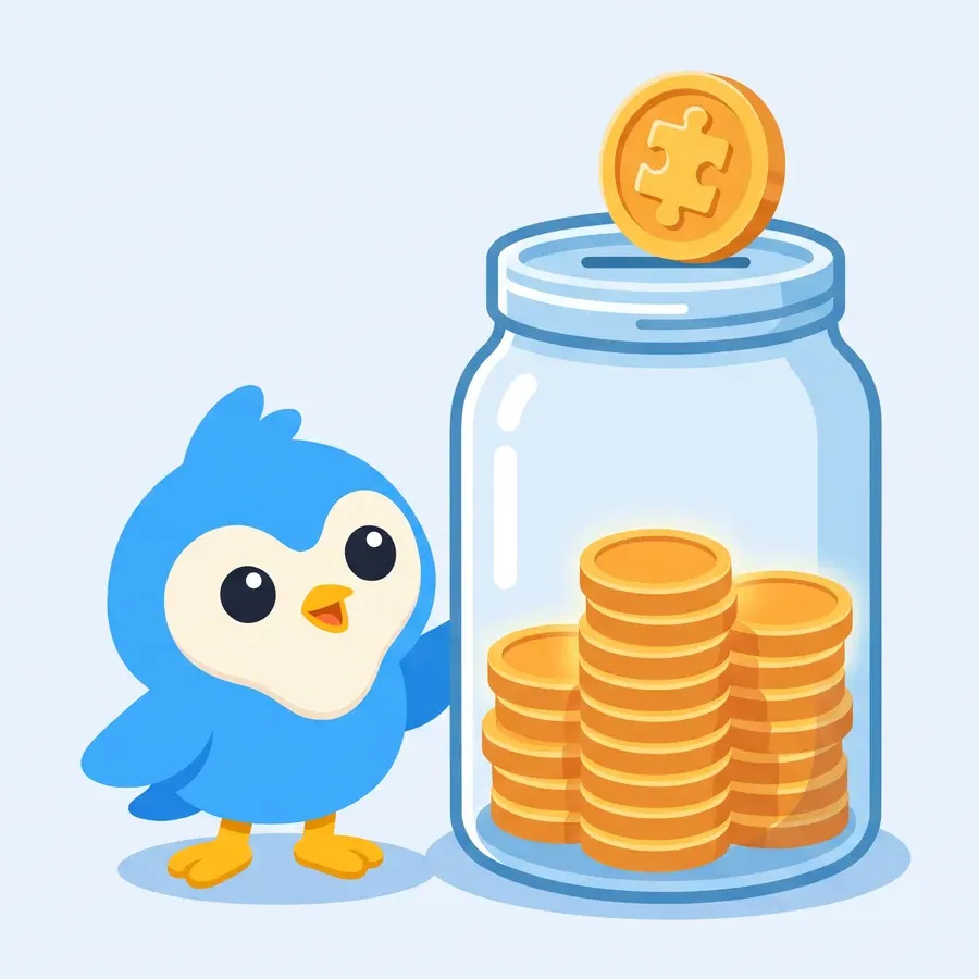 Pip, the blue bird mascot, standing beside a tall glass jar filling with amber coins, a single puzzle-piece shaped coin dropping into the slot at the top